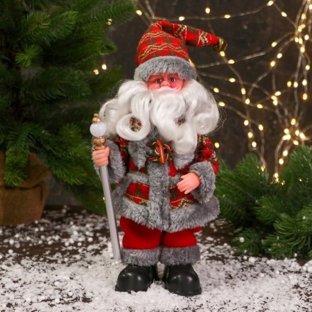 Santa Claus "Colored fur coat and with a flashlight on the staff" 30 cm, moves, red-gray