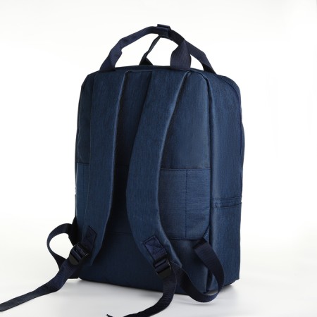 A backpack of textiles with a zipper, 3 pockets, a laptop, blue color-3