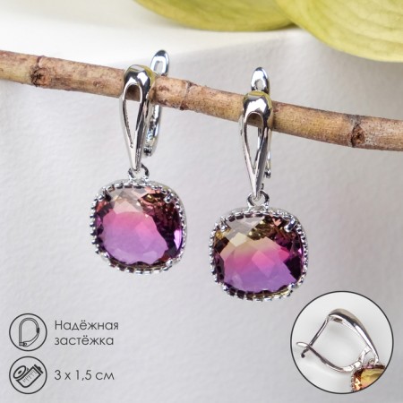 Earrings with “Illusion” rhinestones, a smooth square, raspberry-yellow color in silver
