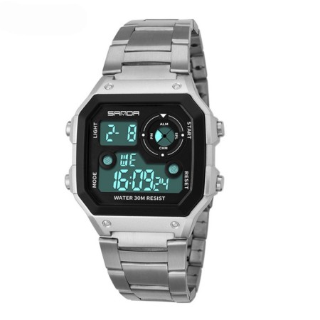 Men's washing watches, D-4.4 cm, alarm clock, calendar, metal strap, silver