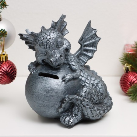 Piggy bank "Dragon with a ball" silver, 14cm