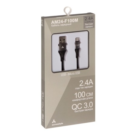 Cable Accesstyle AM24 -F100M, microUSB - USB, 2.4 A, fabric, fast charging, 1 m, black-3