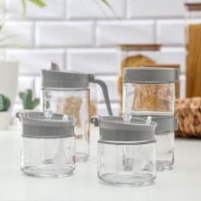 A set of glass containers for bulk prodktes with a jug for Modern oil, 5 pcs, color gray color