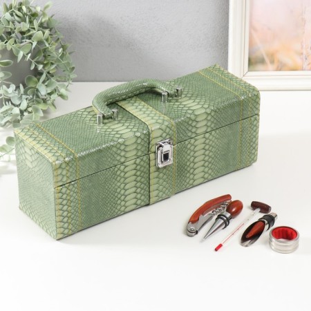 Casket wood, leatherette for a bottle "Green snake" 5 items 35.5x15x11.5 cm