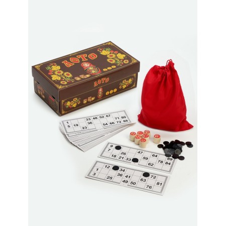 Russian lotto board game "Matryoshka", barrel 2.7 x 2.1 cm, 24 cards 21.4 x 7.9 cm