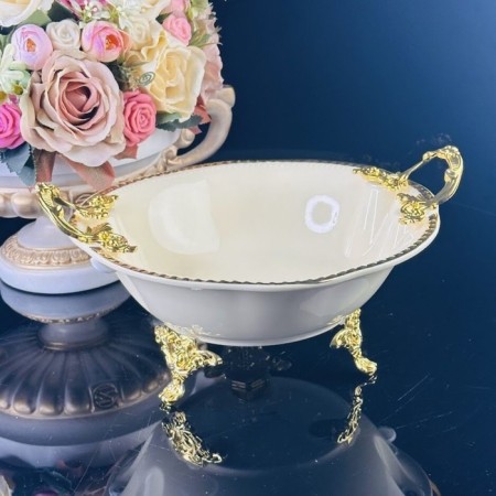 Deep dish with lenardi handles, on legs, porcelain, d = 30.5 cm