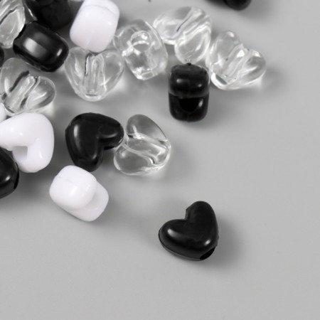 Plastic beads "Heart. Black, white, transparent" set of 20 g 1.2x0.9x0.8 cm-1