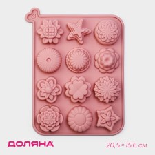 Baking uniform “Flowers”, silicone, 12 cells, 20.5 × 15.6 × 2 cm, pink color