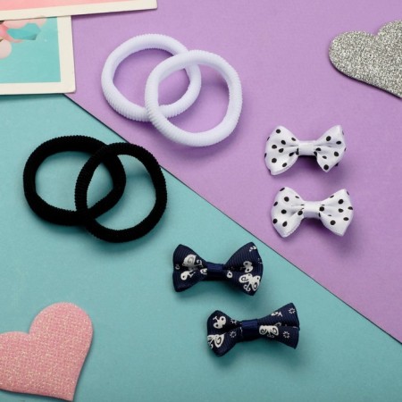 Hair set "Karapunka" (4 elastic bands, 4 clamps) polka dots flowers, 2 cm, black and white-1