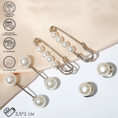 Set of pins (6 pcs.) “Pearl tenderness”, 3.5 cm, white color in silver-2