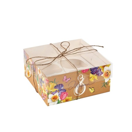 Capcake box, confectionery packaging, 4 cells “since March 8”, 16 x 16 x 7.5 cm