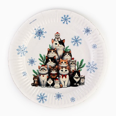 New Year's Papa plate "Happy New Year", cats, 18 cm, disposable-1