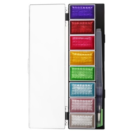 Watercolor paints, mother -of -pearl, + brush, in a plastic box, 8 colors-4