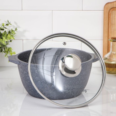 Granite pan, 3 l, glass cover, anti -stick coating, gray color-1
