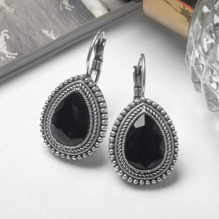 Earrings with rhinestones "drop" elegance, black color in black silver-1