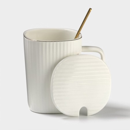 Simple mug, 320 ml, 14.5 × 10.5 × 8.5 cm, with a lid and spoon, ceramics, white-1