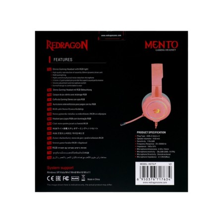 Redragon Mento, game, microphone headphones, 3.5 mm, 1.8m, pink-7