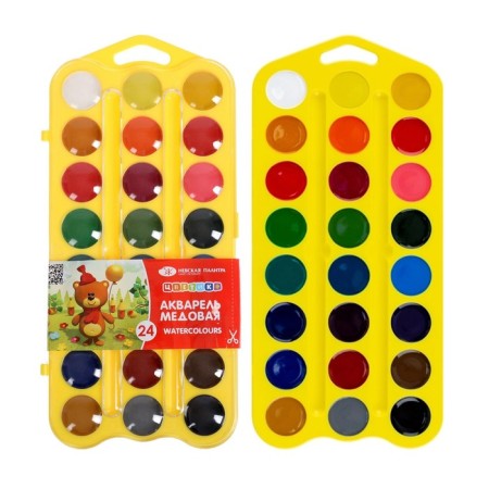Watercolor honey 24 colors, ZHK "Flower", without a brush, yellow plastic case with a loop, 27421678