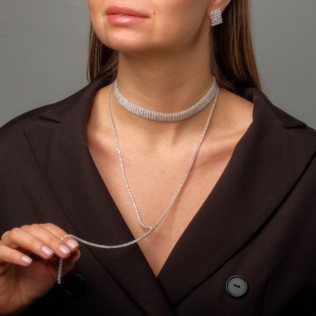 Set 2 objects: earrings, chocker "ice" 5 rows, white color in silver, 44.5 cm
