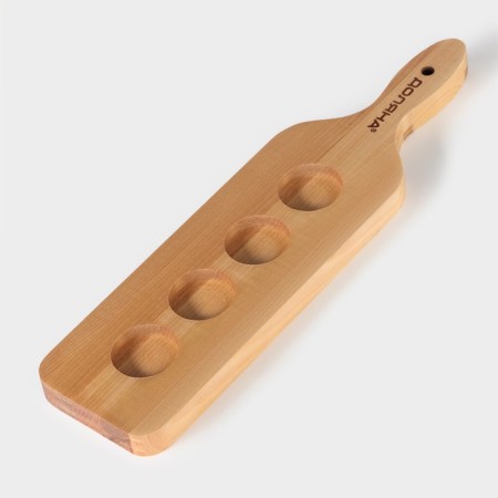 Board for serving with a handle, 35 × 9 × 1.8 cm, 4 shots, diameter of cells 3.9 cm, with impregnation, birch-3
