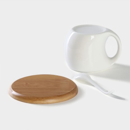 Tea couple ceramic with a spoon Bellatenero, 3 objects: a cup 220 ml, a spoon, a wooden saucer, white color-4