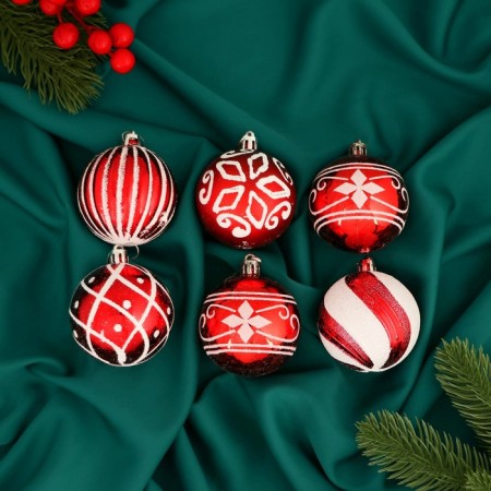 Set of balls plastic D-5.5 cm, 25 pcs "Agnet" strip pattern, silver-red