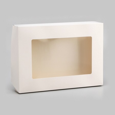 The box is folding, with a window, white, 28 x 20 x 5 cm