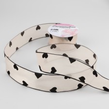 Capronomic ribbon “hearts”, with velvet embossing, 25 mm × 9.1 ± 0.5 m, beige color/black