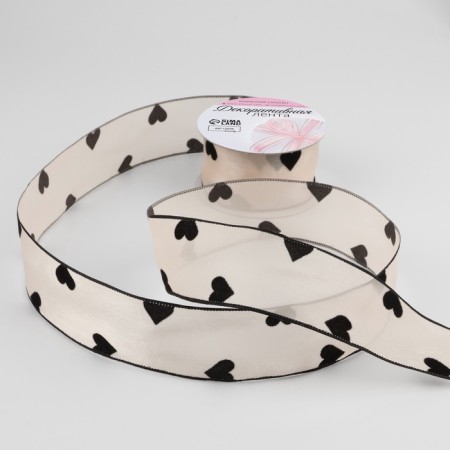 Capronomic ribbon “hearts”, with velvet embossing, 25 mm × 9.1 ± 0.5 m, beige color/black
