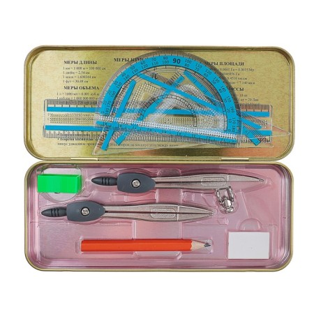 Ready 9 objects: 2 circulas 120 mm, square 60 x 30 x 90 mm, square 45 x 45 x 90 mm, ruler 15 cm, transporter, eraser, sharpener, in the metal penitentiary-5