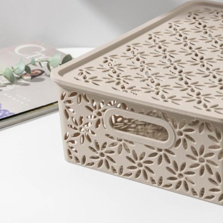 Basket for storage with a lid "Chamomile", 7.5 l, 35 × 24.5 × 10.5 cm, color latte-2