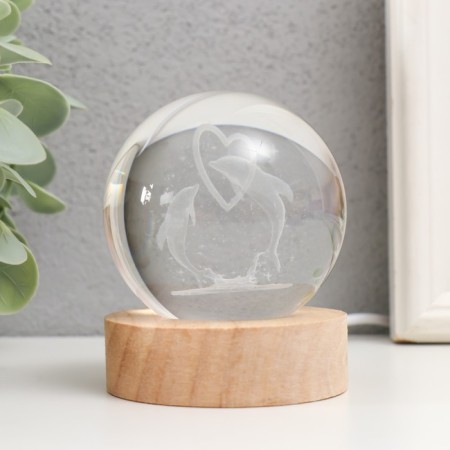 Souvenir glass backlight "Two dolphins" d = 6 cm stand wood, usb 6.5x6.5x7.5 cm-1
