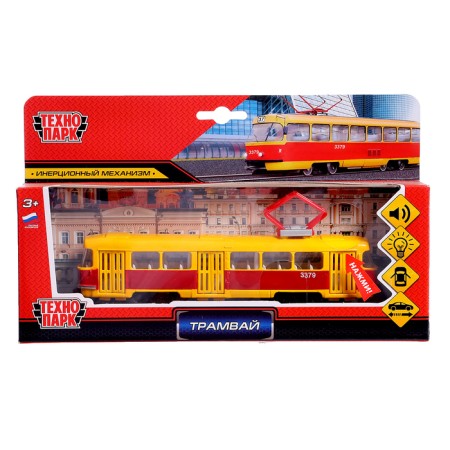 Metal machine "tram", light and sound effects, doors open, inertial, 18 cm-6