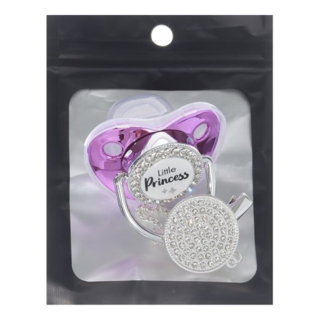 Set: Nipple - Orthodontic dummy with a holder, Little Princess, with a cap, from 6 months, pink/silver, rhinestones-8