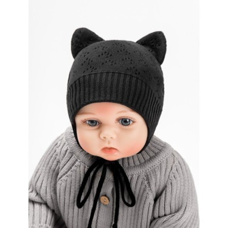 A cap on ties with ears Children's Amarobaby Pure Love Kitten, lining, size 40-42 cm, black color
