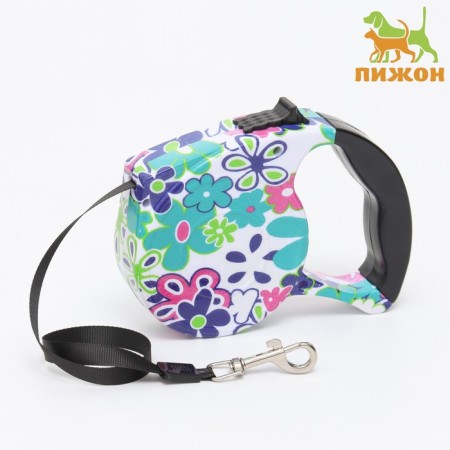 Roulette with leash, rubber pen, 5 m, animal weight up to 15 kg, flowers