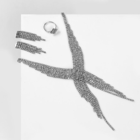 Set 3 objects: earrings, necklaces, ring "waterfall" wings, white color in silver
