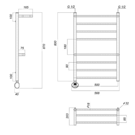 Domoterm electric heated towel rail "Medea" P8, 500x800 mm, 2 shelves, left, chrome-2