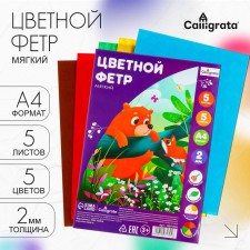 Color felt set, thick-2 mm, A4 format, soft, 5 sheets, 5 colors, saturated colors