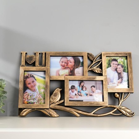 Photo frame plastic in 4 photos 10x15 cm "Bird on a branch" Dark gold 28x47 cm