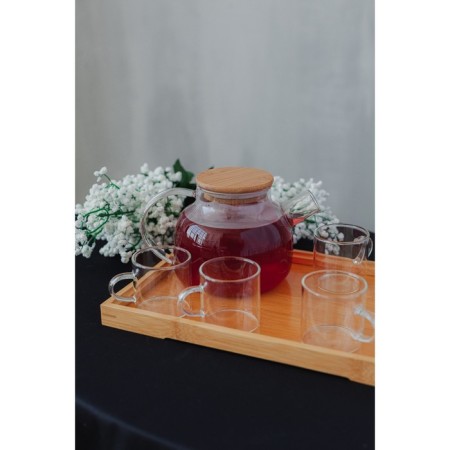 Tea kit on an eco wooden stand, 7 items: glass kettle with a sieve 900 ml, mugs 6 pcs, 100 ml-6
