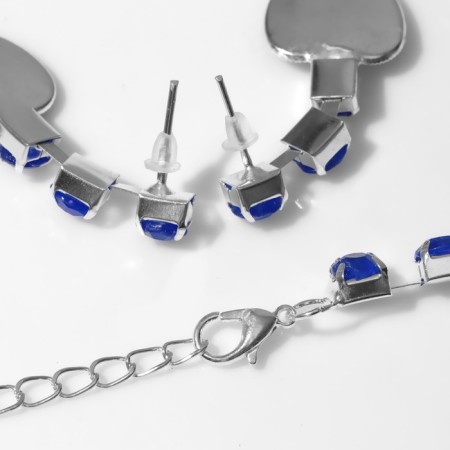 Set 4 objects: earrings, necklaces, bracelet, “heart” ring in circles, blue color in silver-1