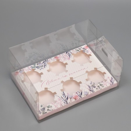 Capcake box, confectionery packaging, 6 cells “Flower with happiness”, 16 x 23 x 11.5 cm-1