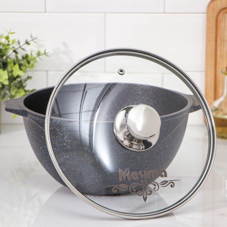 Kazan "Granite Star", 4 l, glass cover, cast handles, anti -stick coating, black color-1