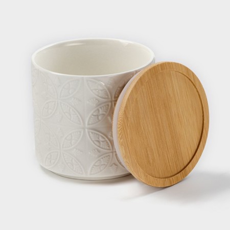 Porcelain Bank for bulk products Bellatenero “Leaves”, 300 ml, D = 8.5 cm, white color-1