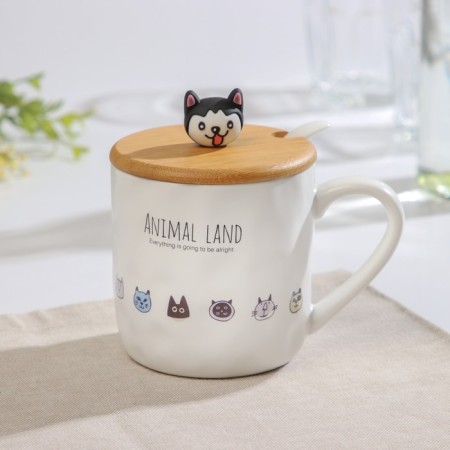 Ceramic mug with a wooden lid and a spoon "Beasts", 360 ml, Mix drawing