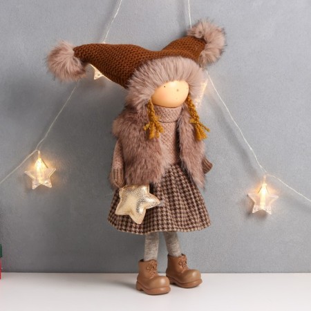 Interior doll "Girl in a brown fur coat and hat with asterisk" 20x11x47 cm-1