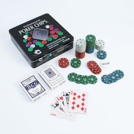 Poker, set for the game (maps 2 decks, chips 100 pcs.), With a face value, 20 x 20 cm-3