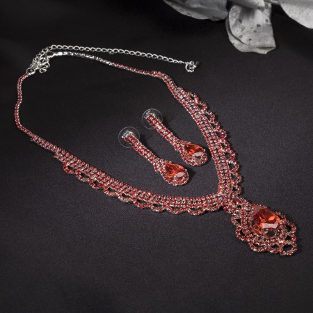 Set 2 objects: earrings, necklace "Phoenix" drop in rhinestones, red color in silver, 35 cm-2