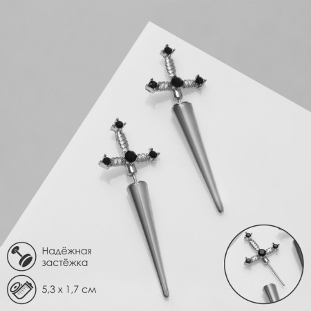 Earrings with rhinestones "Crosses" Gothic, black color in silver